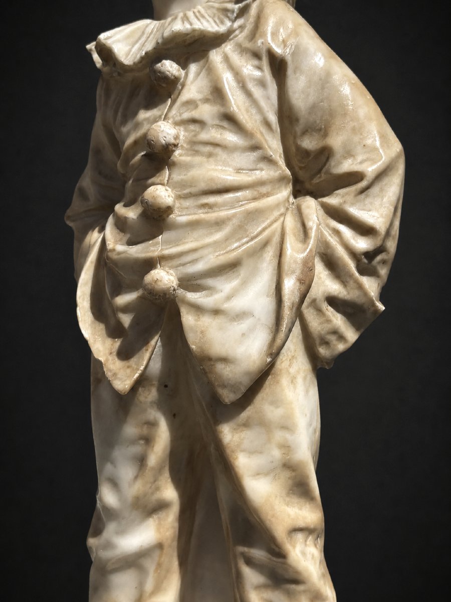Sculpture En Albatre , Jeune Pierrot , Comedia Del Arte , Socle Marbre Vert De Mer , 1900 -photo-3