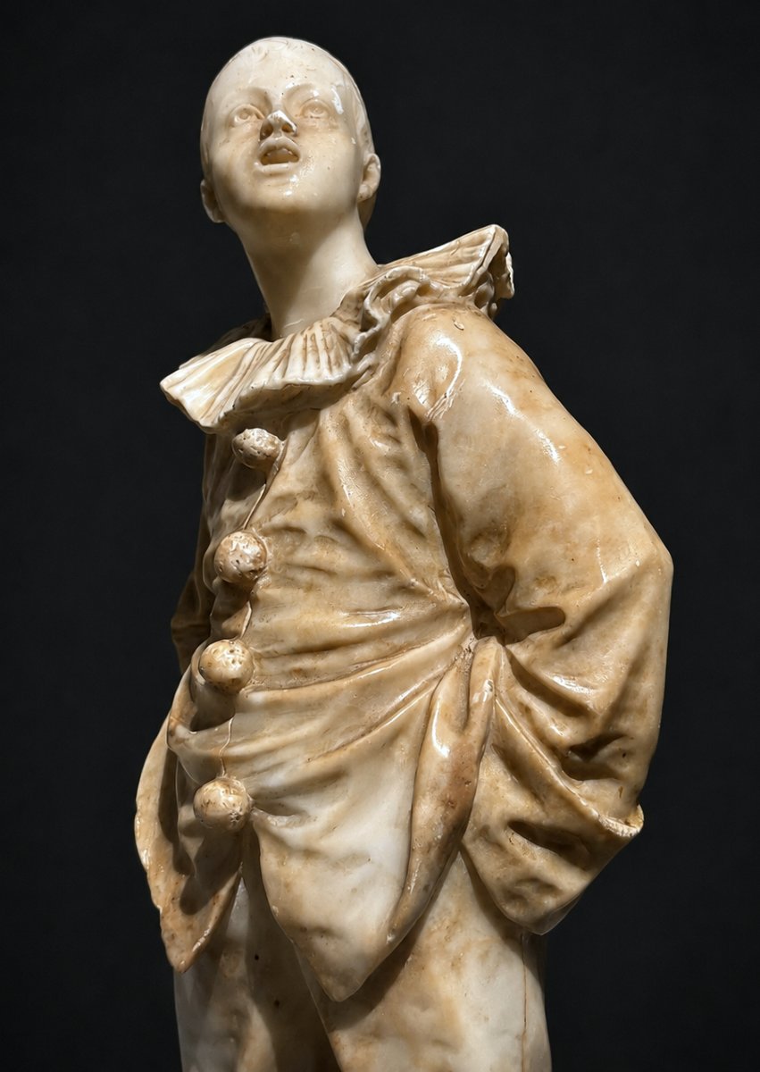 Sculpture En Albatre , Jeune Pierrot , Comedia Del Arte , Socle Marbre Vert De Mer , 1900 -photo-4