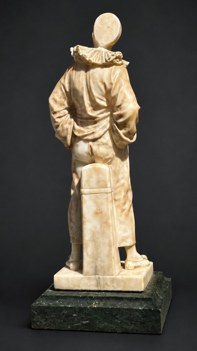Sculpture En Albatre , Jeune Pierrot , Comedia Del Arte , Socle Marbre Vert De Mer , 1900 -photo-3