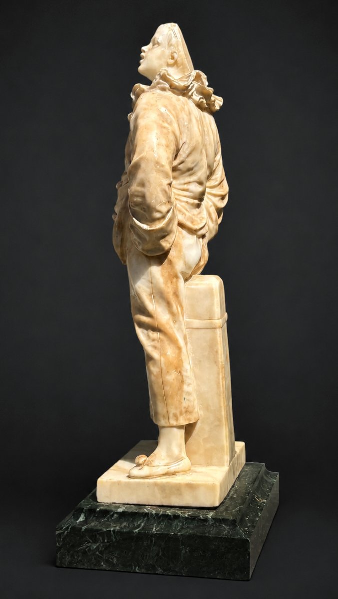 Sculpture En Albatre , Jeune Pierrot , Comedia Del Arte , Socle Marbre Vert De Mer , 1900 -photo-4