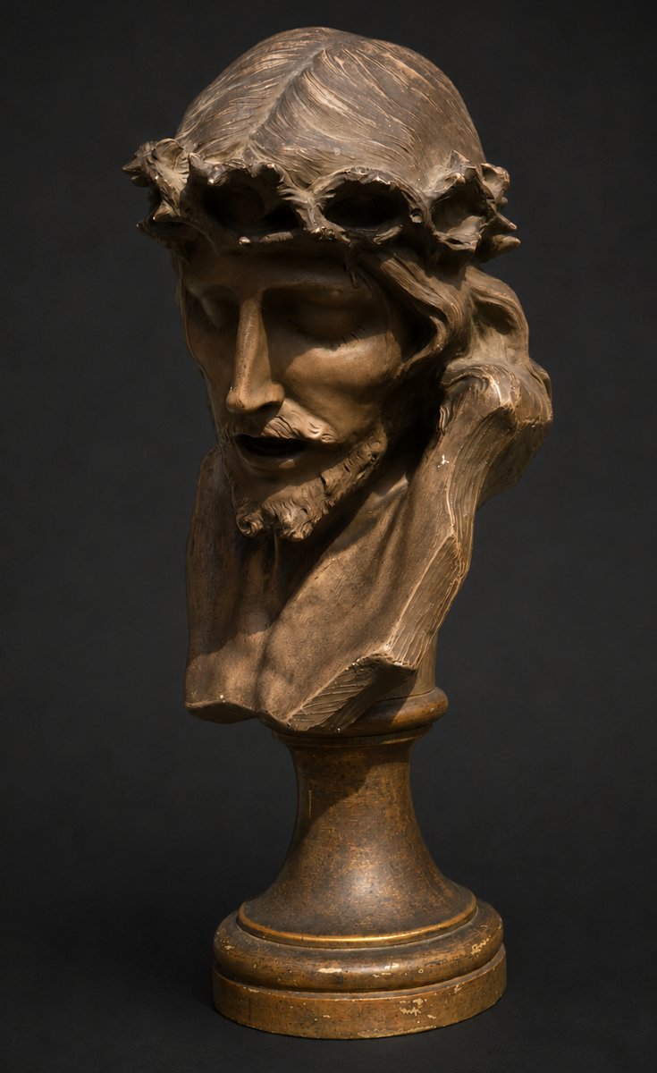 Buste En Terre Cuite , Passion Du Christ , Sujet Religieux Signé Richard Aurili , XIXe-photo-4