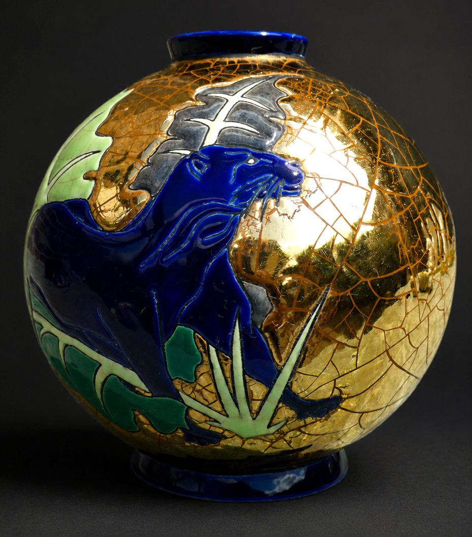Vase Rond En Emaux de Longwy , Boule Coloniale , Decor De Panthere , Baghera , Art Deco -photo-2