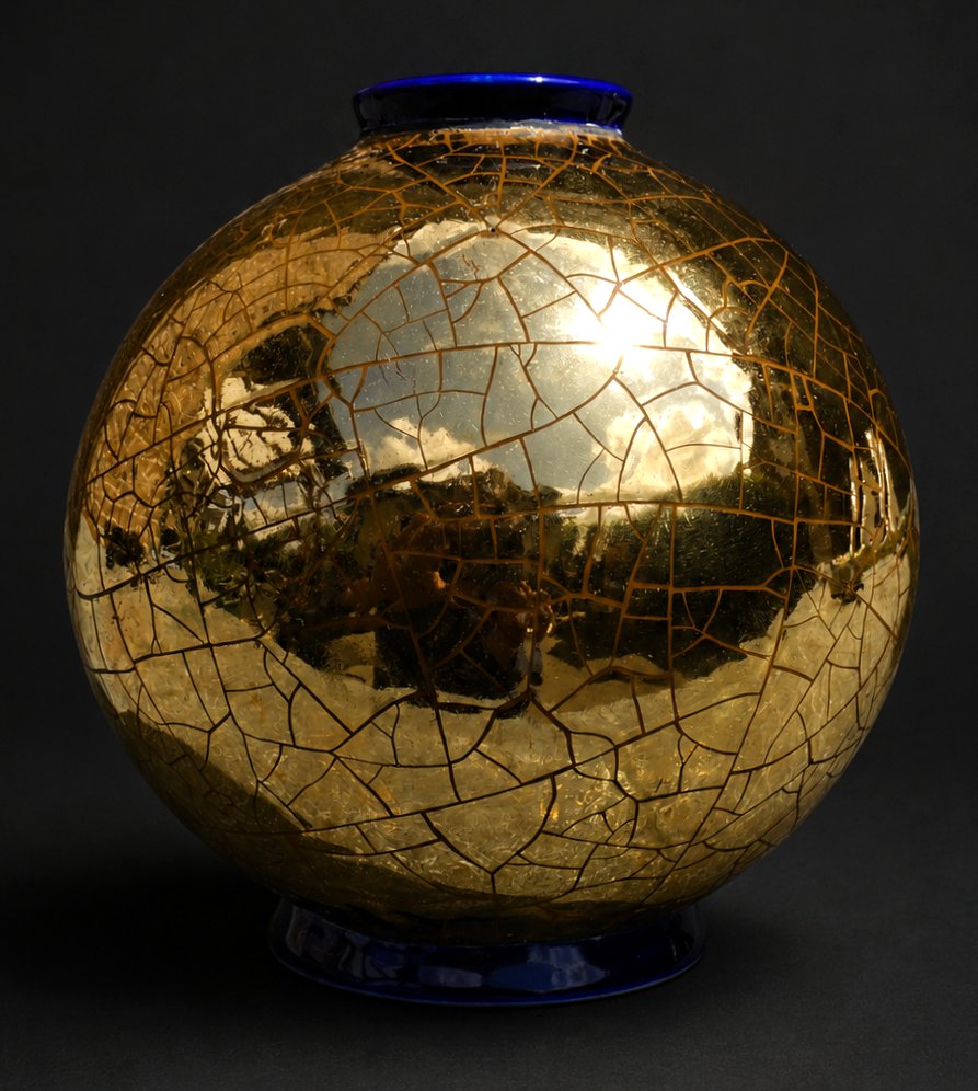 Vase Rond En Emaux de Longwy , Boule Coloniale , Decor De Panthere , Baghera , Art Deco -photo-4