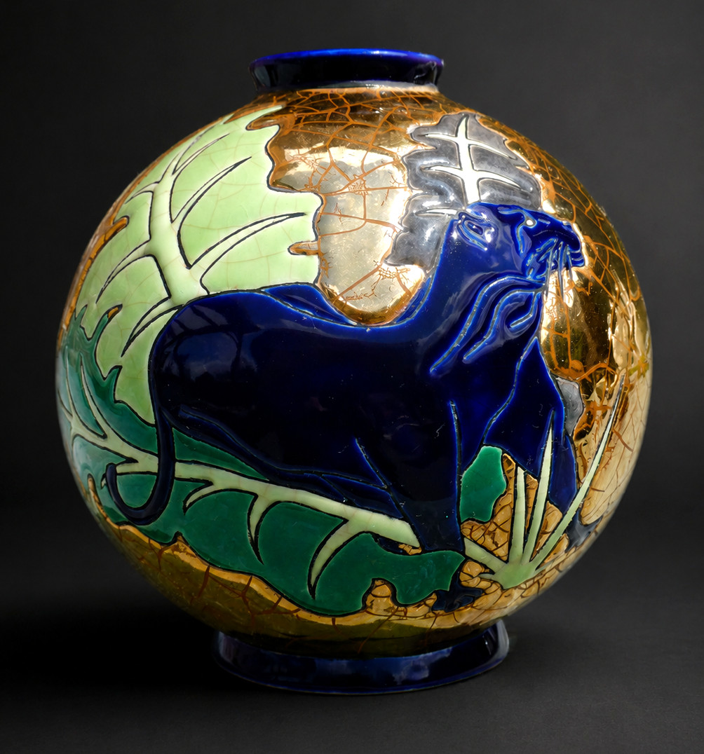 Vase Rond En Emaux de Longwy , Boule Coloniale , Decor De Panthere , Baghera , Art Deco 