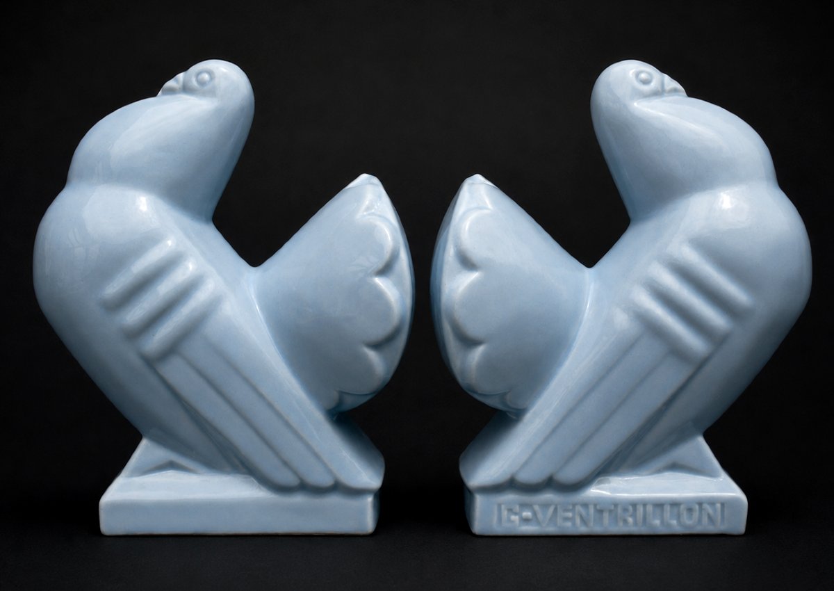 Paire De Serre Livres Faience De Saint Clement Art Deco Pigeons George Ventrillon , Bleu 1920-photo-2