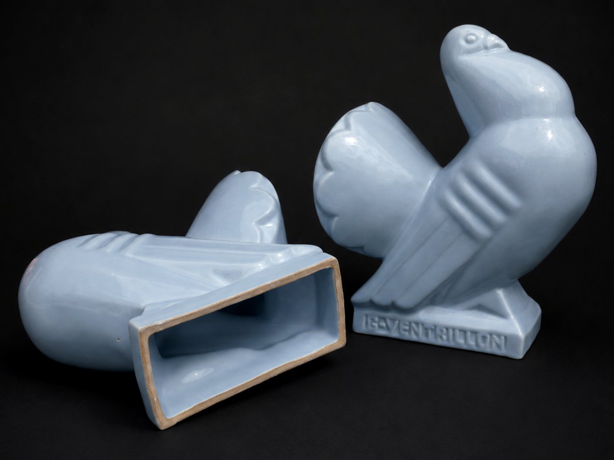 Paire De Serre Livres Faience De Saint Clement Art Deco Pigeons George Ventrillon , Bleu 1920-photo-3