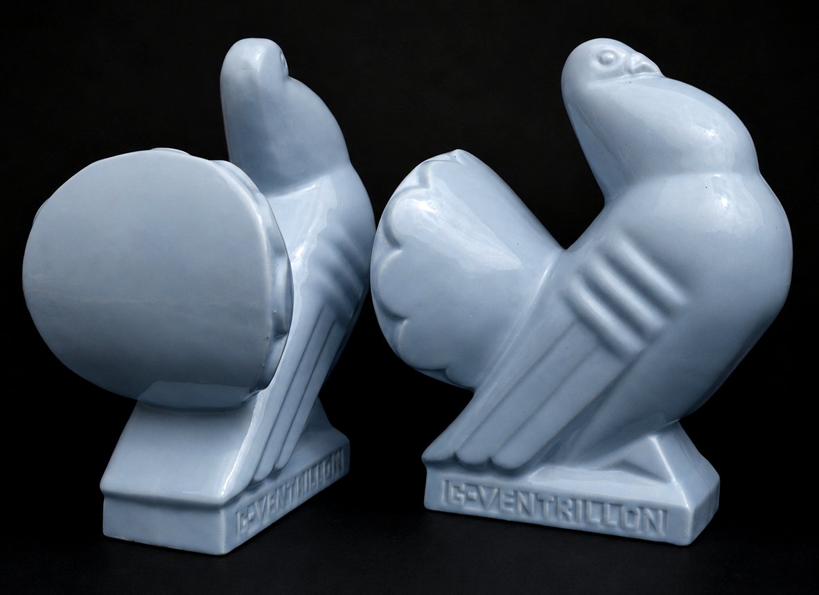 Paire De Serre Livres Faience De Saint Clement Art Deco Pigeons George Ventrillon , Bleu 1920-photo-4