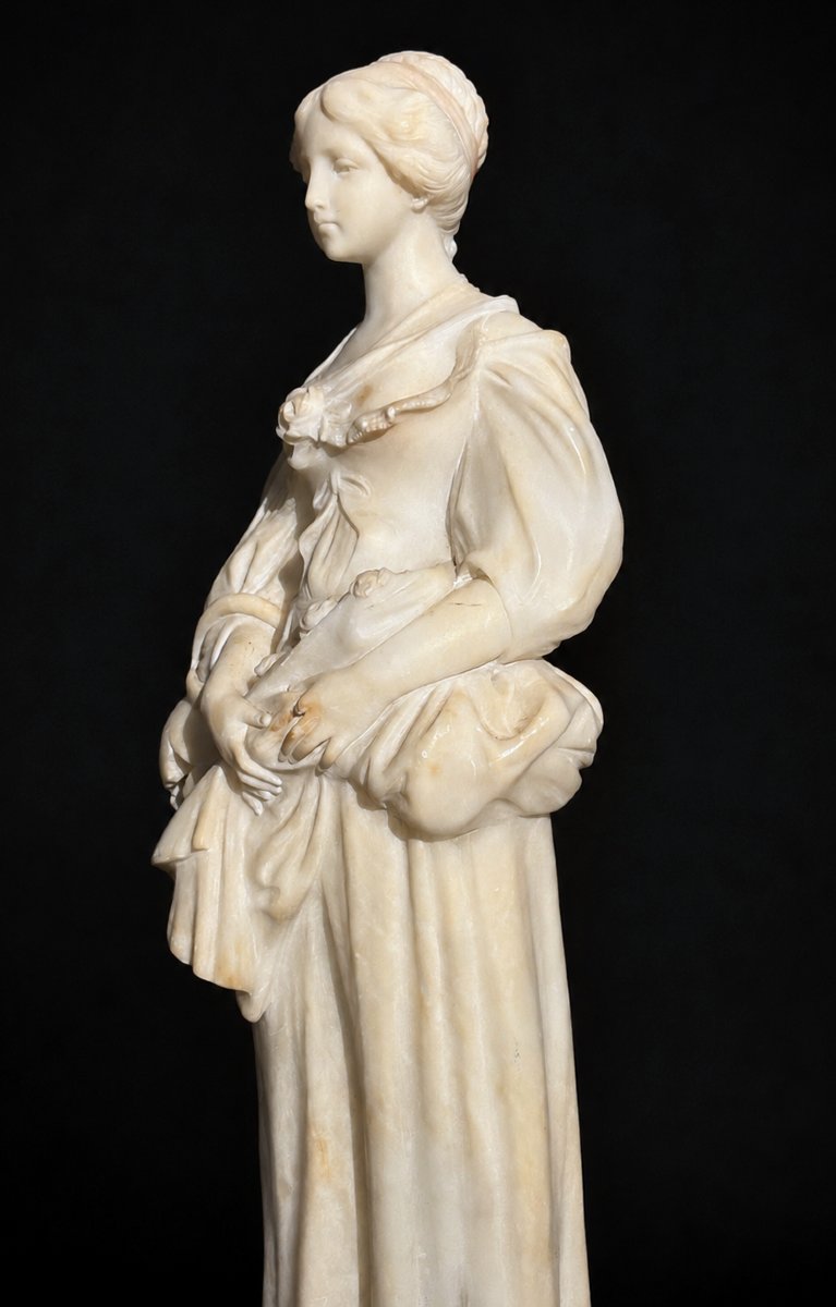 Sculpture En Albatre , Jeune Femme A La Cruche Cassée , D'Aprés Greuze , Style XVIIIe Florence-photo-3