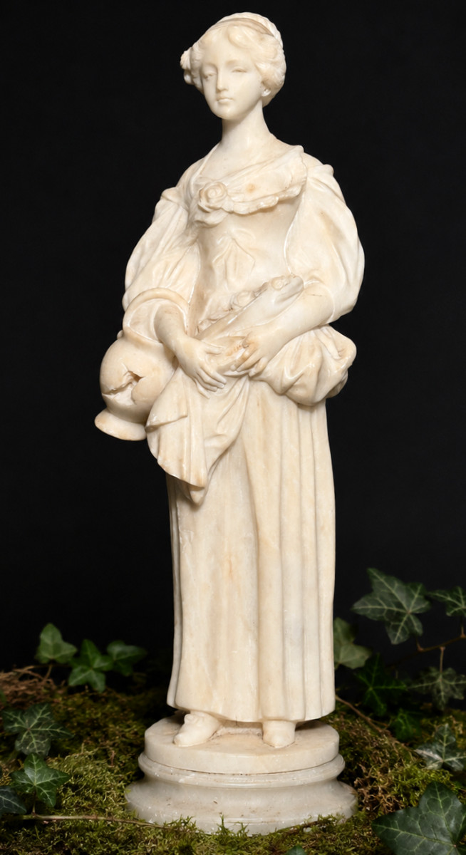 Sculpture En Albatre , Jeune Femme A La Cruche Cassée , D'Aprés Greuze , Style XVIIIe Florence
