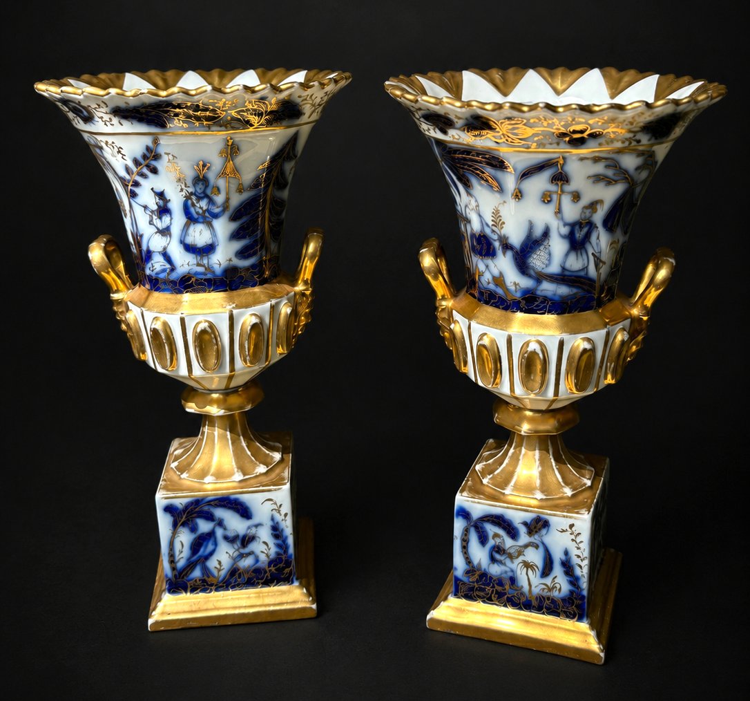 Pair Of Medicis Vases Porcelaine De Paris , Chinoisant , Asie Vers 1830 , Troubadour XIXe-photo-3