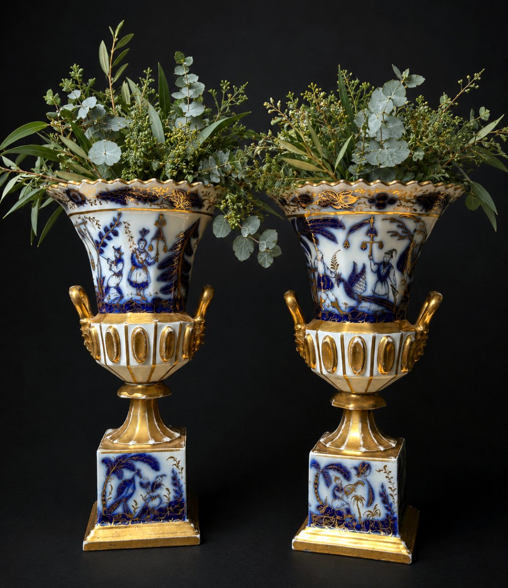 Pair Of Medicis Vases Porcelaine De Paris , Chinoisant , Asie Vers 1830 , Troubadour XIXe-photo-5
