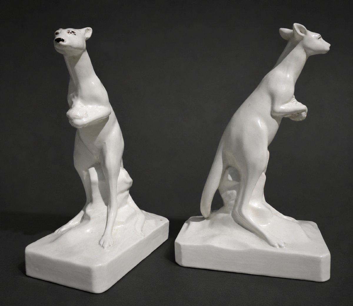 Pair Of White Epoque Art Deco Fireworks, Kangaroos , Onnaing 1920 France-photo-2