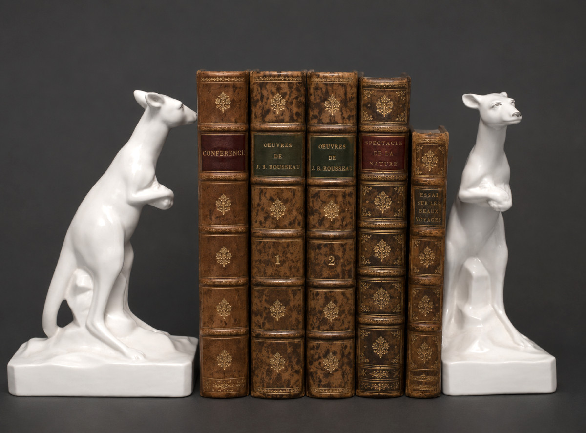 Pair Of White Epoque Art Deco Fireworks, Kangaroos , Onnaing 1920 France