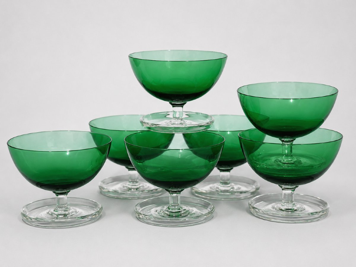 Série De 7 Coupes à Glace Fruits / Cerises , Cristal Art Deco , Bleu Vert , 1900 Bols Verres-photo-2