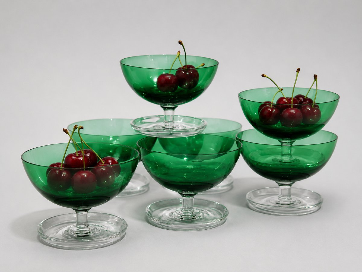 Série De 7 Coupes à Glace Fruits / Cerises , Cristal Art Deco , Bleu Vert , 1900 Bols Verres-photo-4