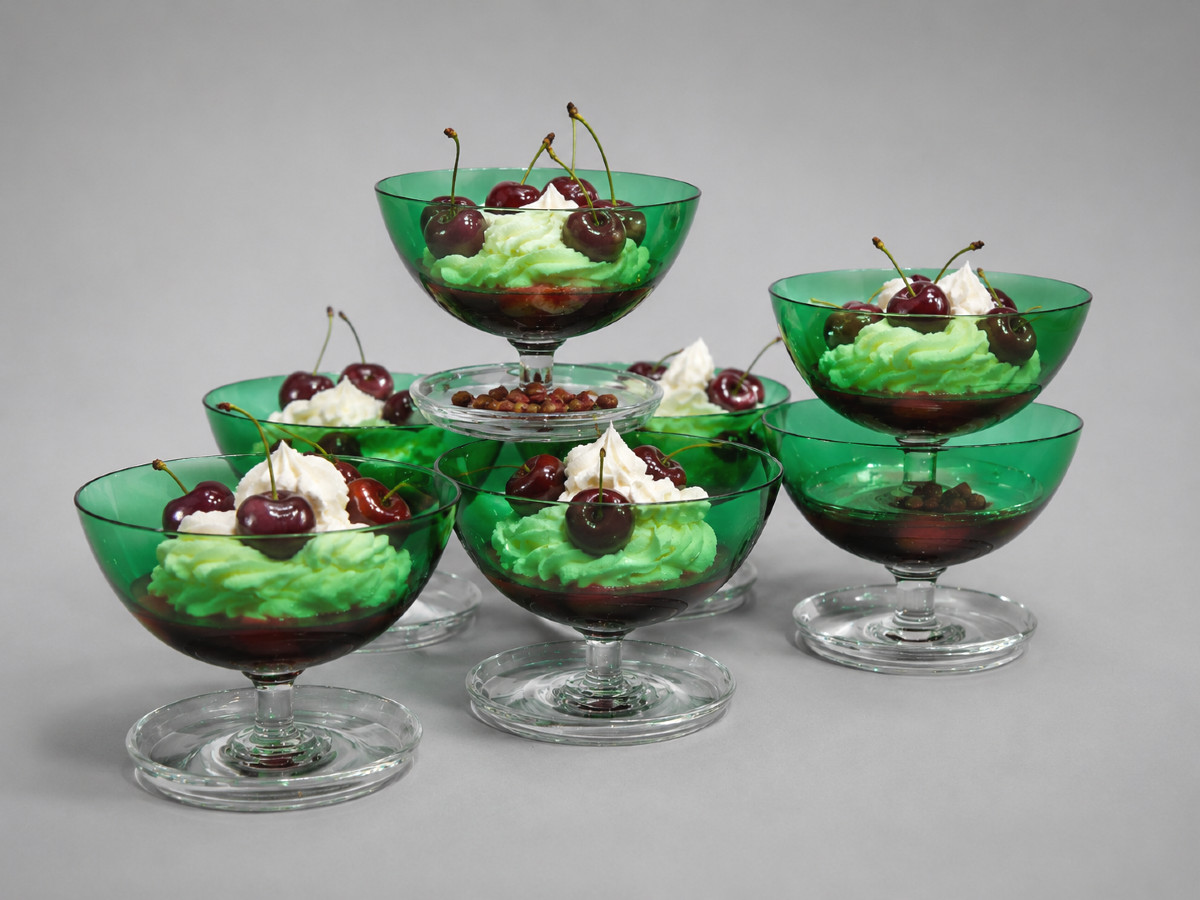 Série De 7 Coupes à Glace Fruits / Cerises , Cristal Art Deco , Bleu Vert , 1900 Bols Verres