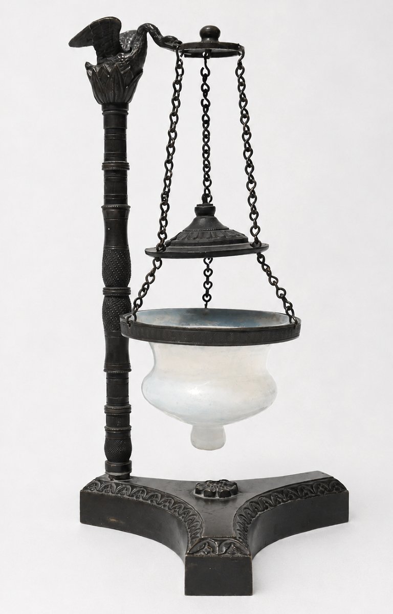 Lampe Veilleuse Epoque Charles X , Bronze Neo Gothique XIXe 1820 Opaline Savonneuse Bougeoir-photo-3