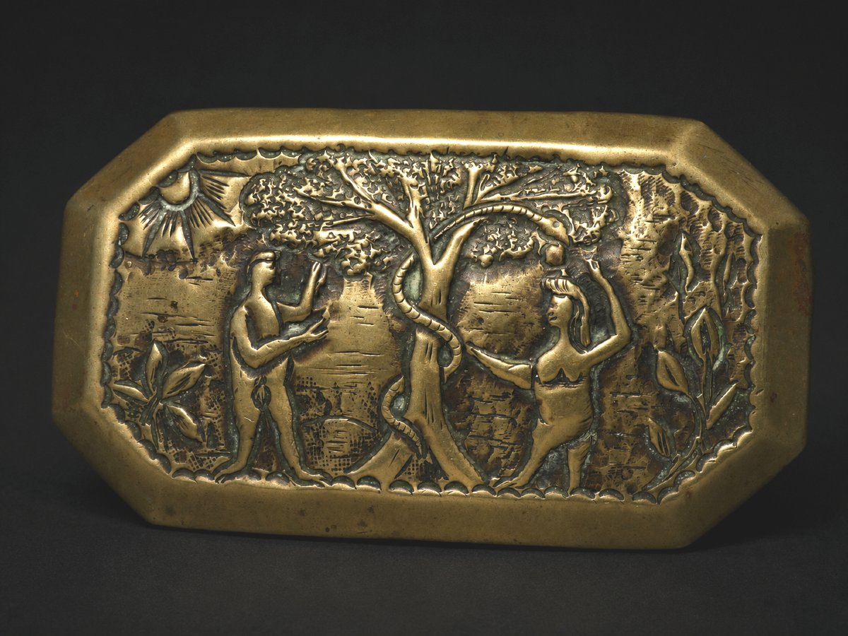Tabatiere XVIIIe , Laiton Repoussé ; Scene Biblique , Adam & Eve , Blague à Tabac , Flandres -photo-2