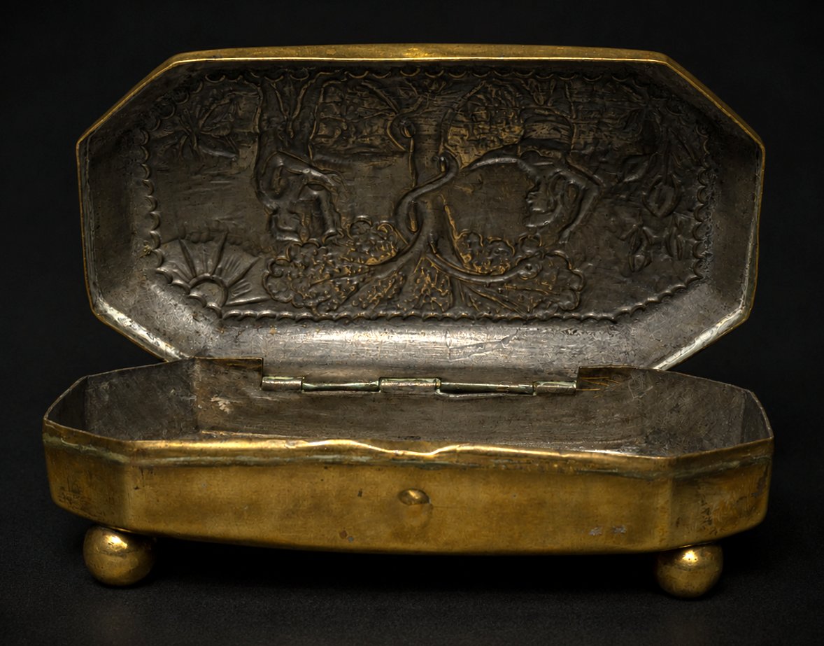Tabatiere XVIIIe , Laiton Repoussé ; Scene Biblique , Adam & Eve , Blague à Tabac , Flandres -photo-4