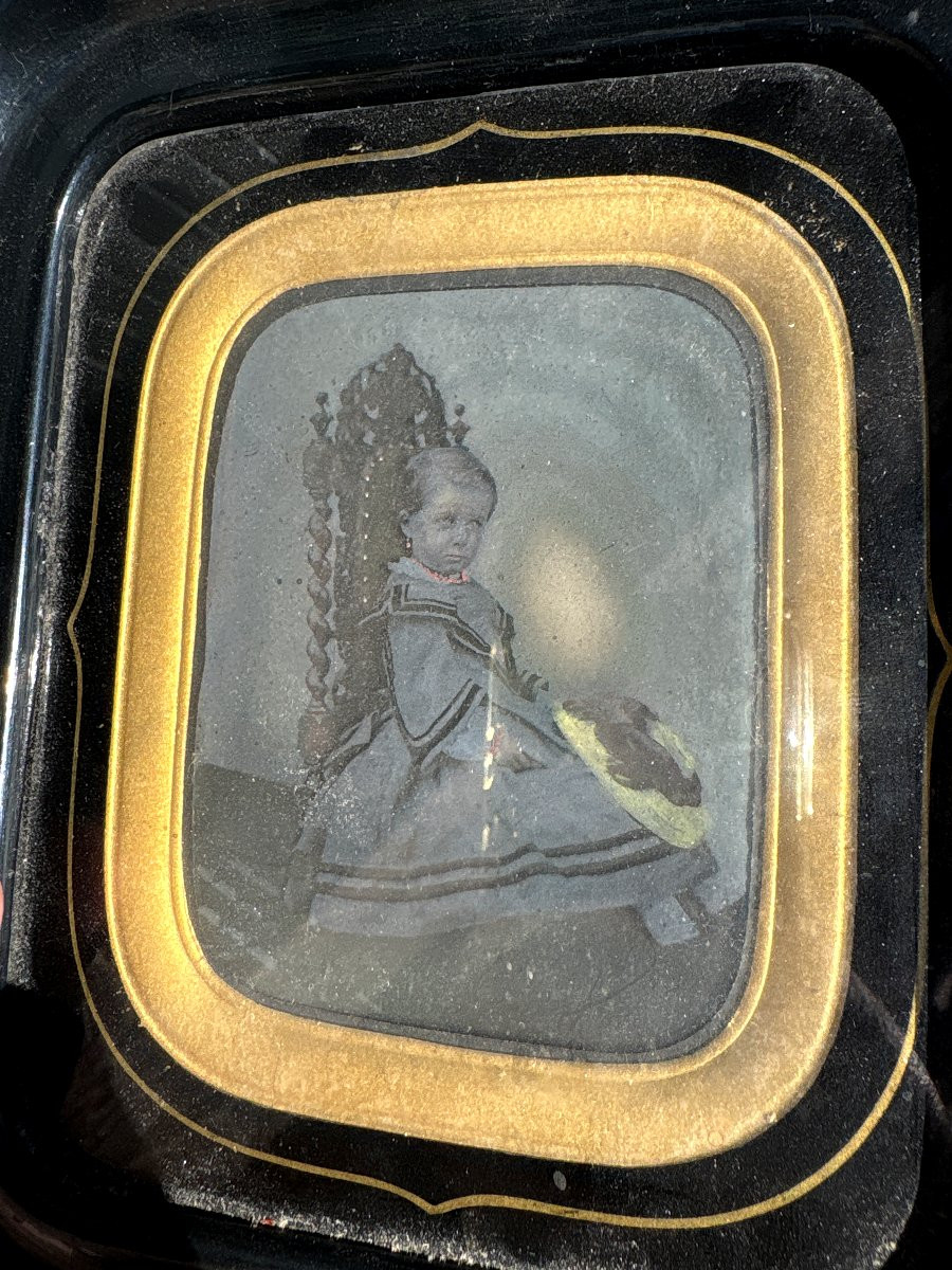 Antique Daguerreotype Photograph, Napoléon III Period, Fillette Robe Crinoline 1855-photo-3
