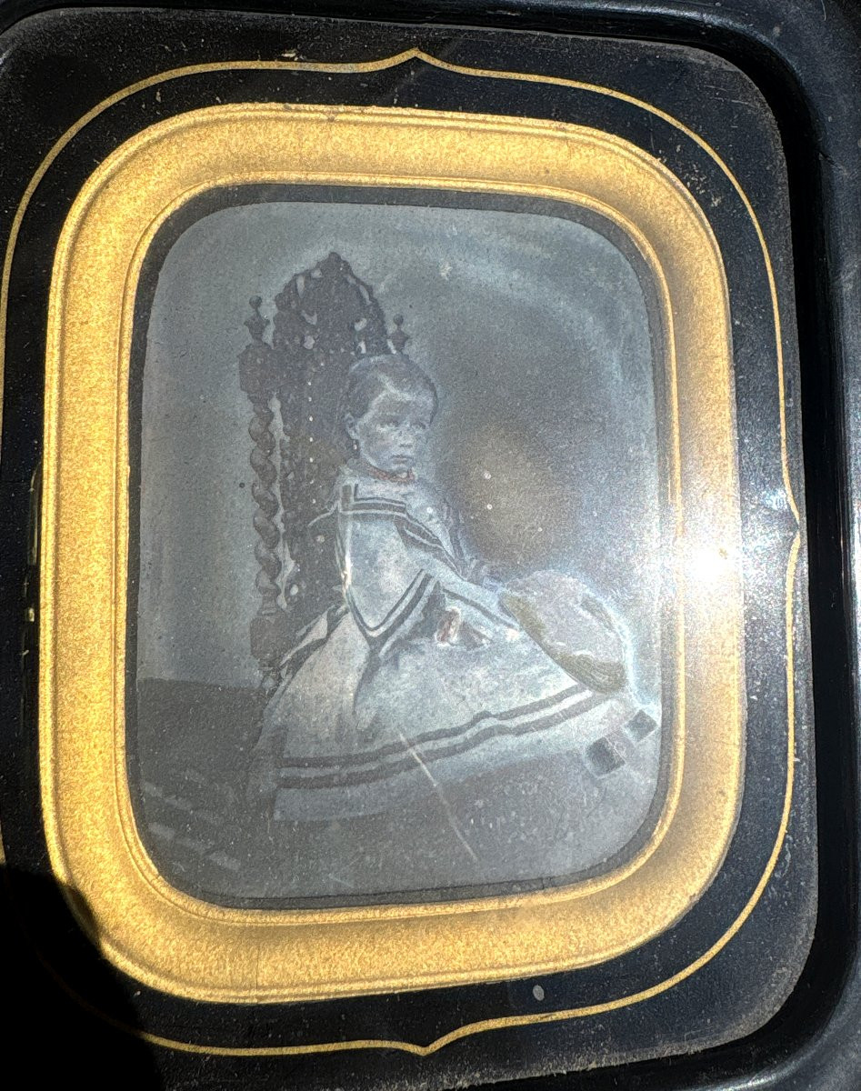 Antique Daguerreotype Photograph, Napoléon III Period, Fillette Robe Crinoline 1855-photo-4