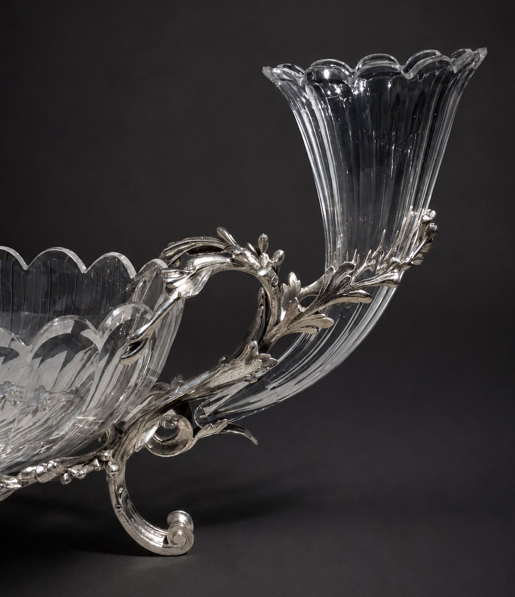 Center De Table Cristal De Baccarat , Bronze Argenté , Jardiniere Napoléon III , Coupe , Cornes-photo-5