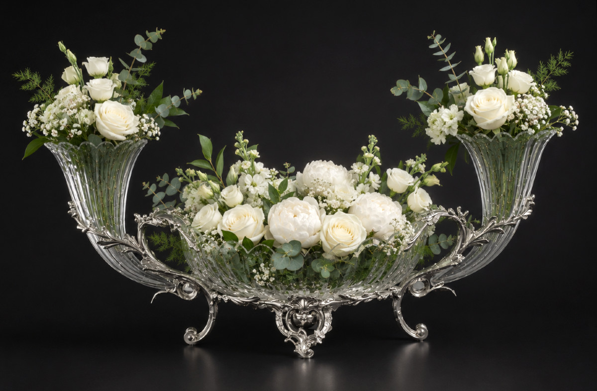 Center De Table Cristal De Baccarat , Bronze Argenté , Jardiniere Napoléon III , Coupe , Cornes