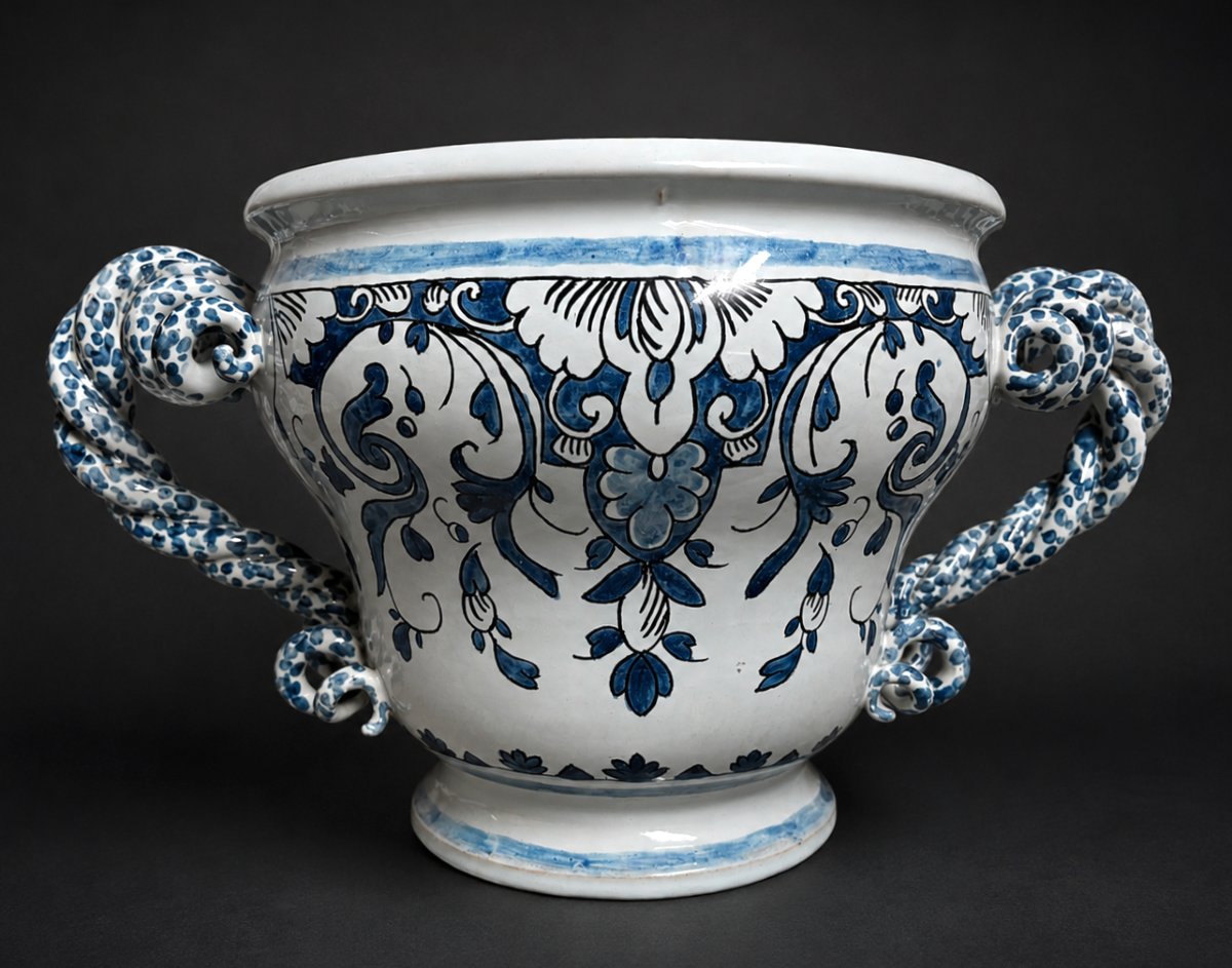 Cache Pot En Faience De Nevers , Bac à Oranger , Style XVIIIe , Camaieu De Bleu , XIXe Cratere-photo-2