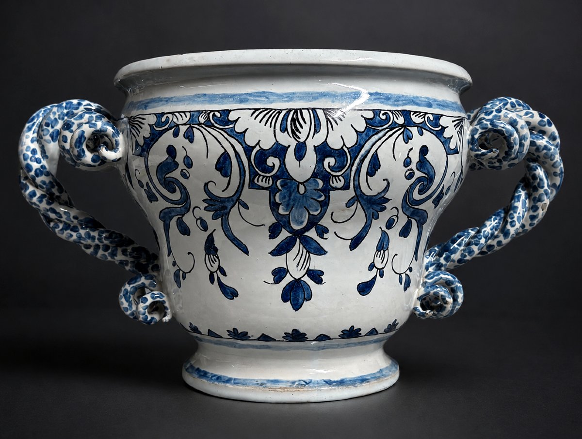 Cache Pot En Faience De Nevers , Bac à Oranger , Style XVIIIe , Camaieu De Bleu , XIXe Cratere-photo-3