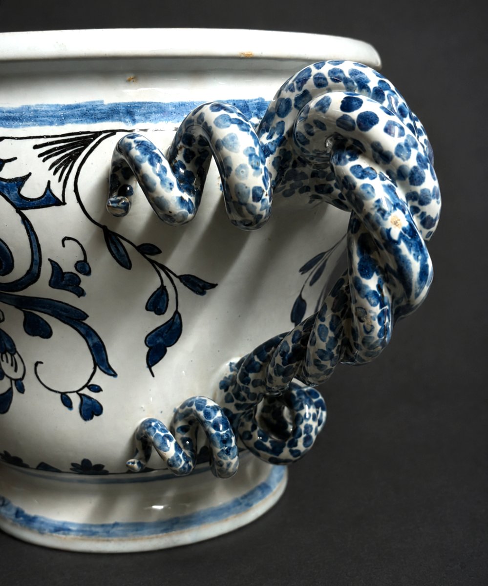 Cache Pot En Faience De Nevers , Bac à Oranger , Style XVIIIe , Camaieu De Bleu , XIXe Cratere-photo-1