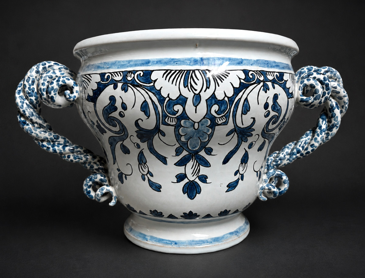 Cache Pot En Faience De Nevers , Bac à Oranger , Style XVIIIe , Camaieu De Bleu , XIXe Cratere