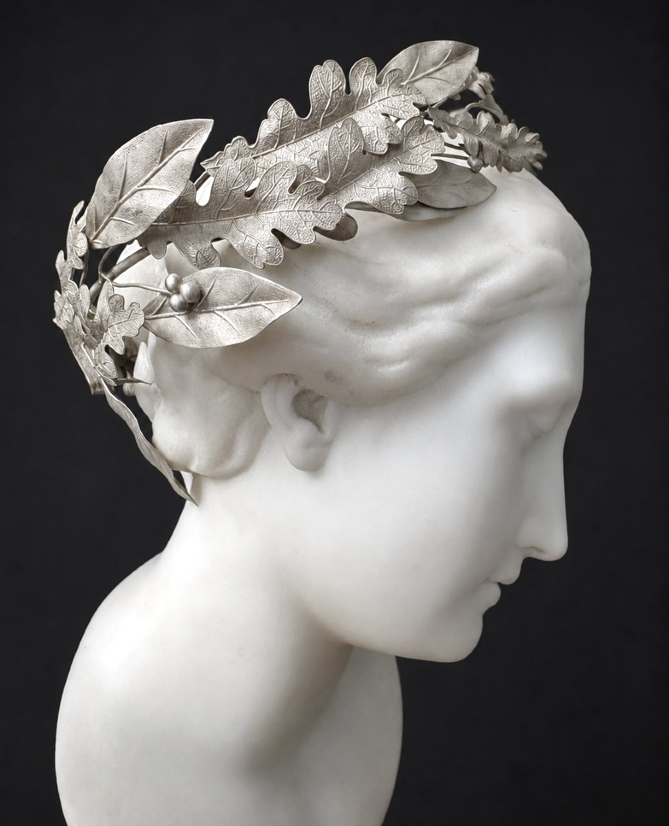 Grande Couronne de Prix Argent Massif Feuilles de Laurier & Noisetier XIXe Bijou Napoléon III-photo-2