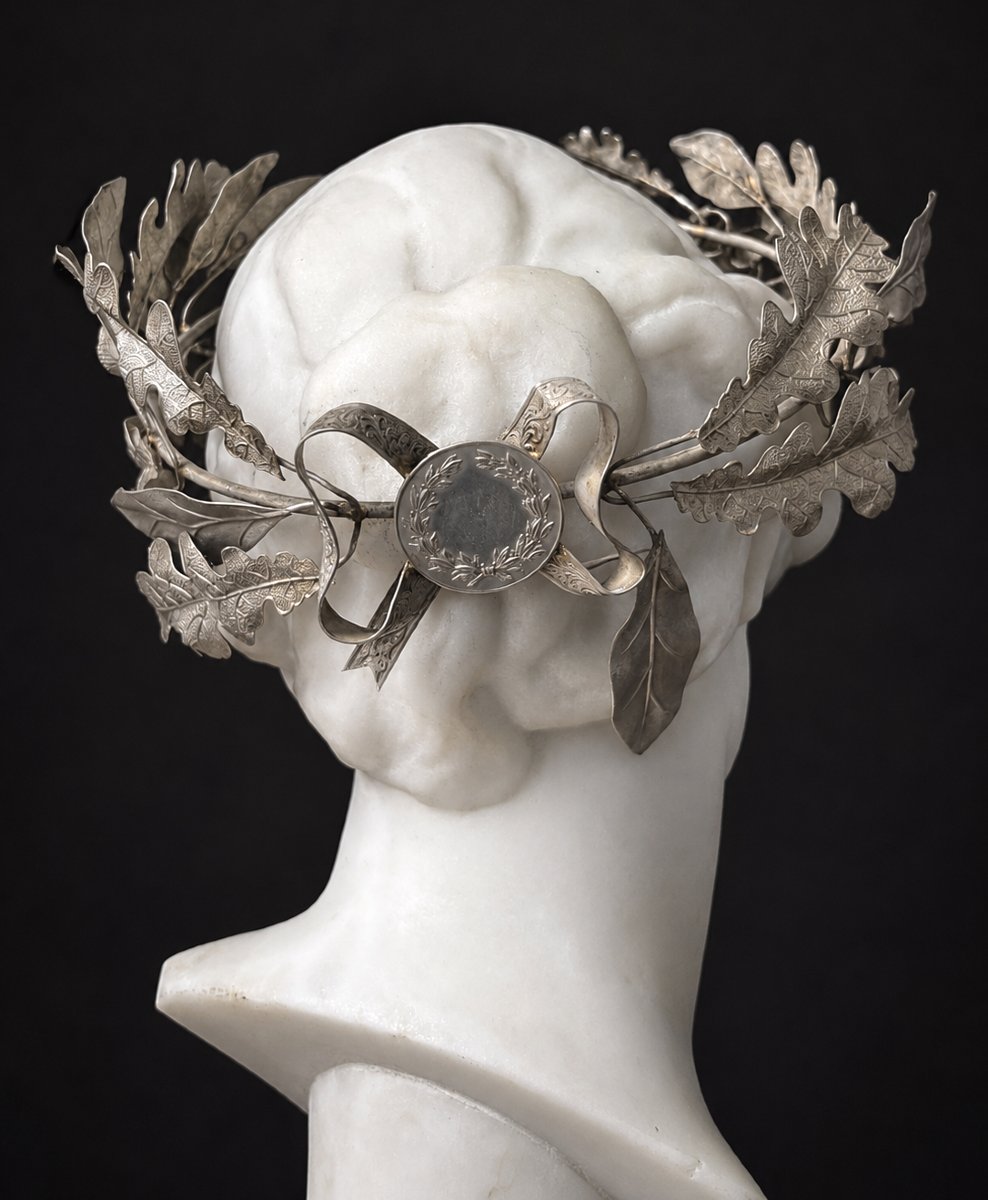 Grande Couronne de Prix Argent Massif Feuilles de Laurier & Noisetier XIXe Bijou Napoléon III-photo-3
