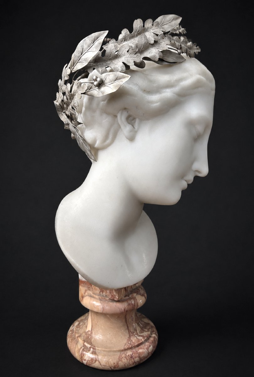 Grande Couronne de Prix Argent Massif Feuilles de Laurier & Noisetier XIXe Bijou Napoléon III-photo-4