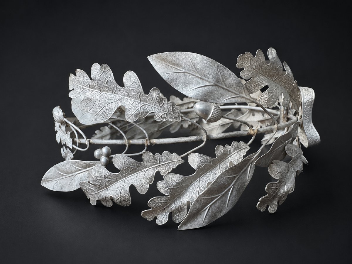 Grande Couronne de Prix Argent Massif Feuilles de Laurier & Noisetier XIXe Bijou Napoléon III-photo-1