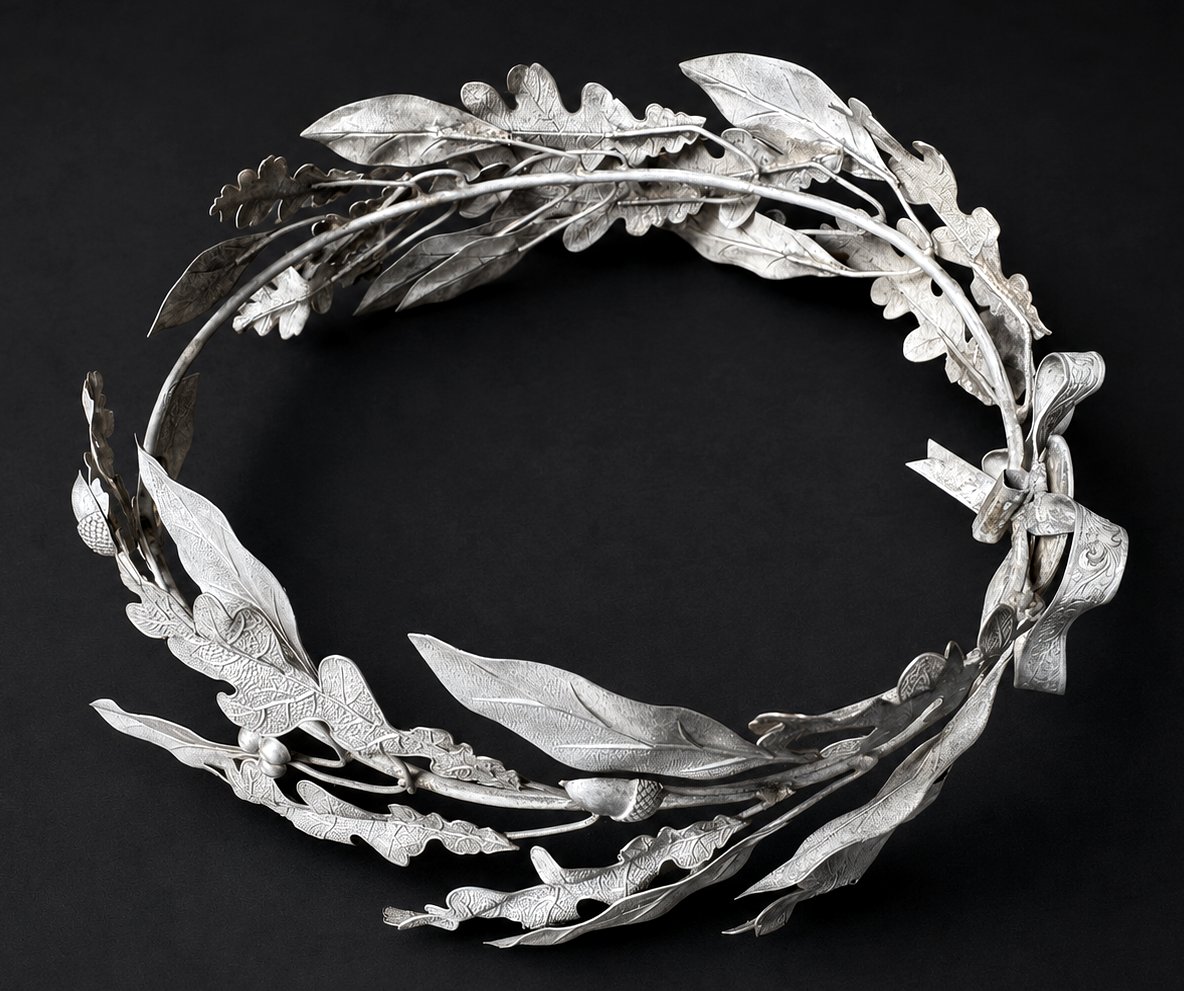 Grande Couronne de Prix Argent Massif Feuilles de Laurier & Noisetier XIXe Bijou Napoléon III-photo-2