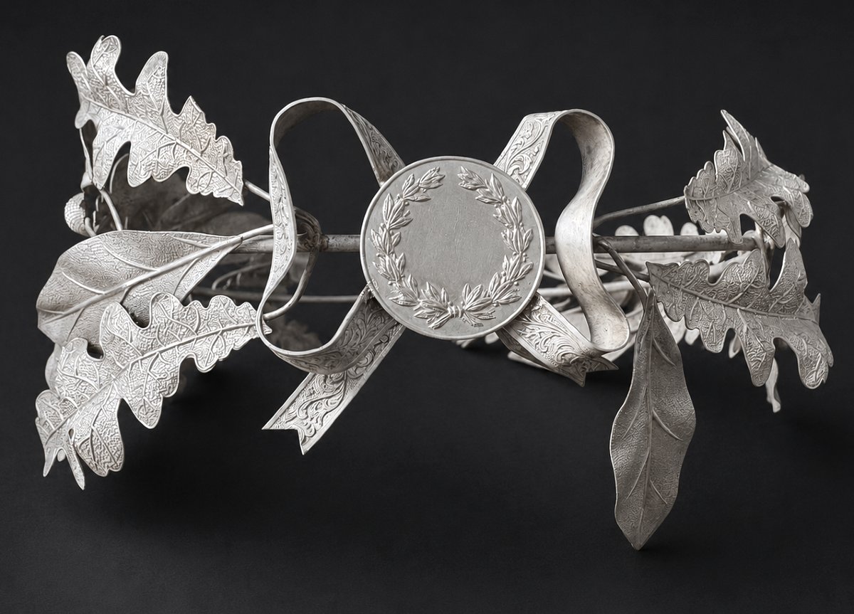 Grande Couronne de Prix Argent Massif Feuilles de Laurier & Noisetier XIXe Bijou Napoléon III-photo-3