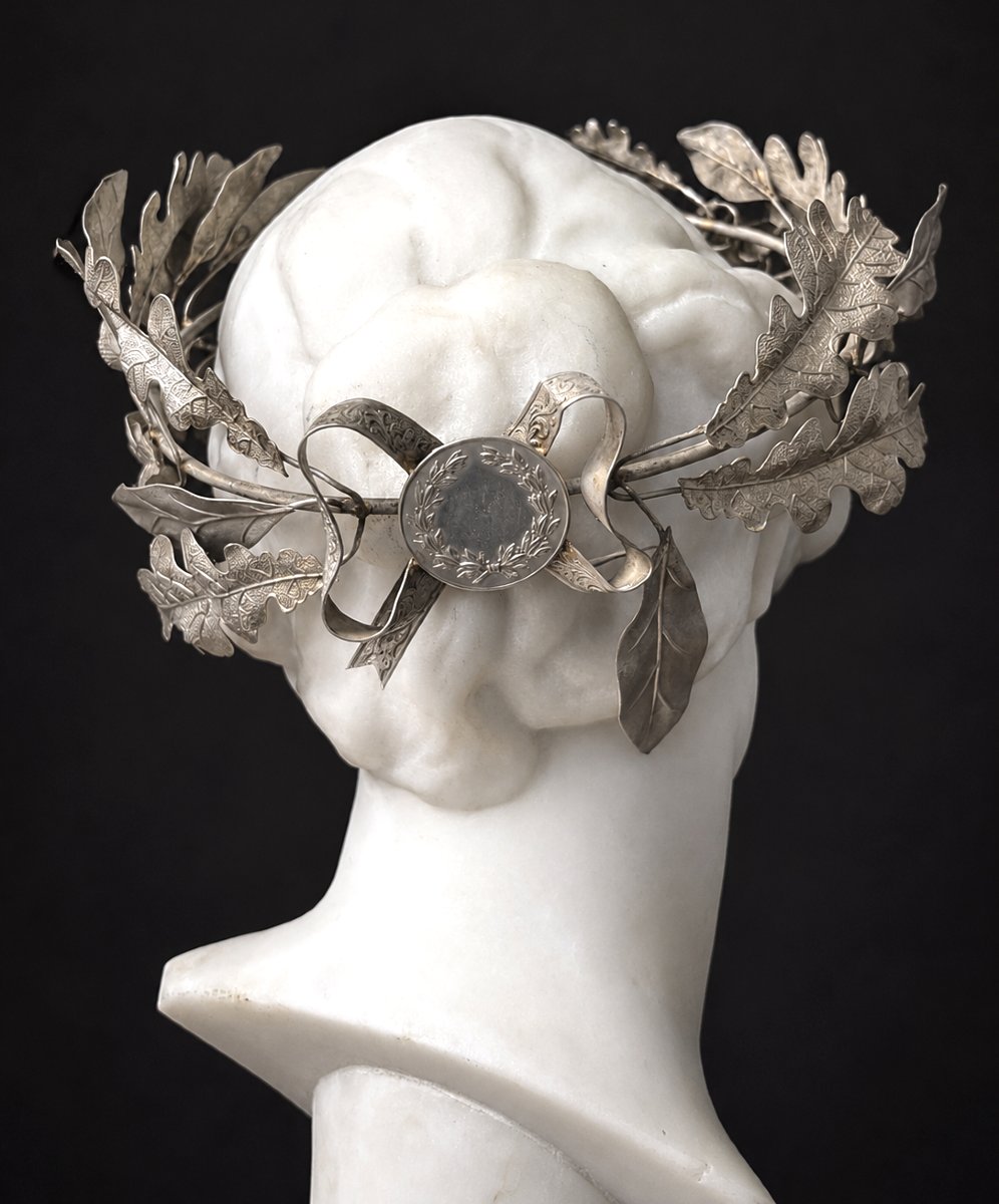 Grande Couronne de Prix Argent Massif Feuilles de Laurier & Noisetier XIXe Bijou Napoléon III-photo-4