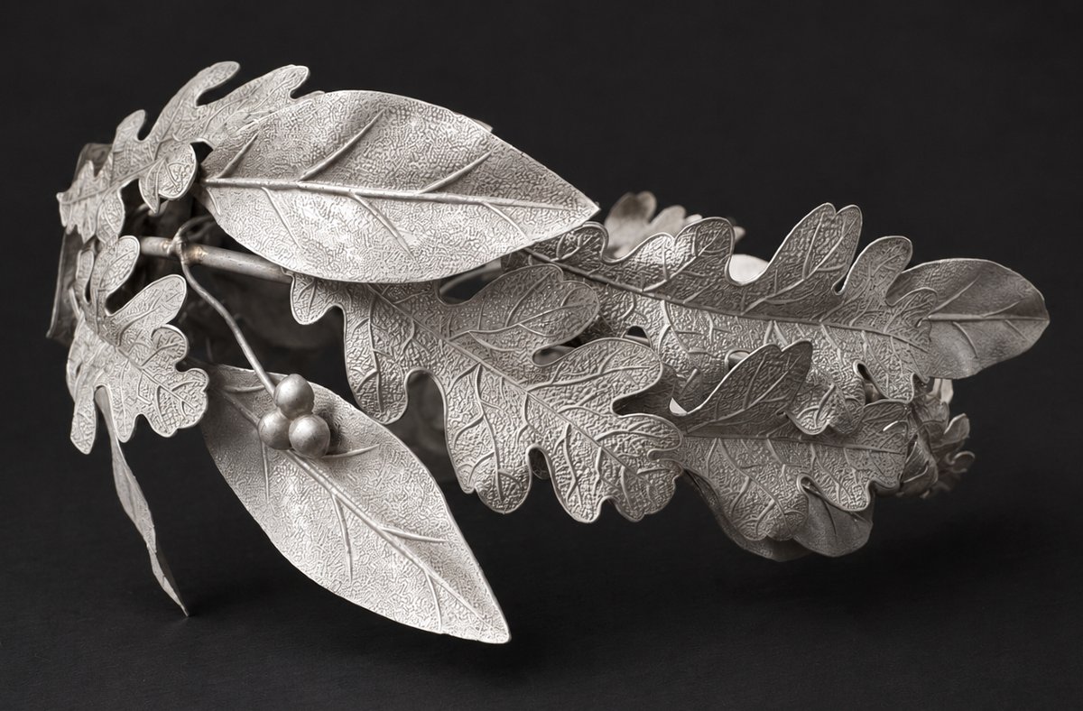 Grande Couronne de Prix Argent Massif Feuilles de Laurier & Noisetier XIXe Bijou Napoléon III-photo-5