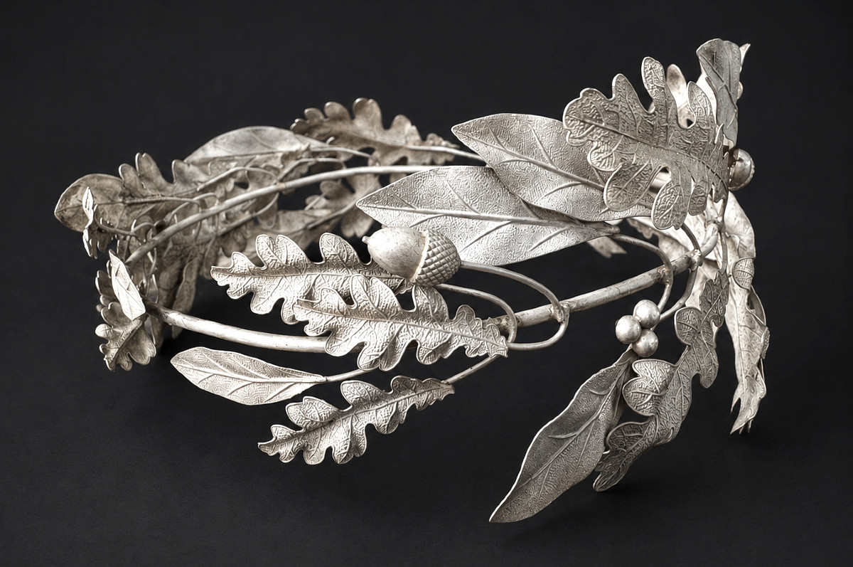 Grande Couronne de Prix Argent Massif Feuilles de Laurier & Noisetier XIXe Bijou Napoléon III
