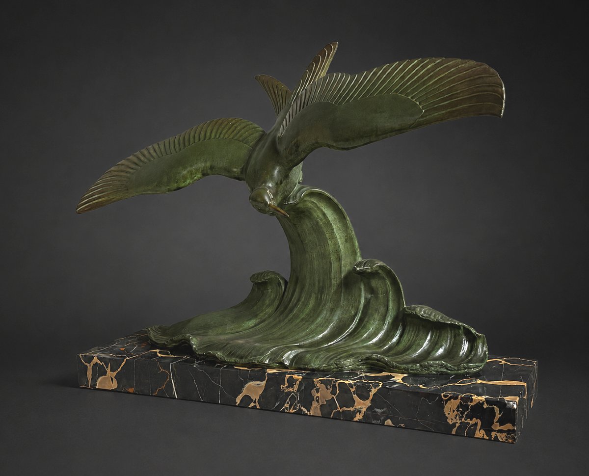 Bronze Animalier , Mouette Sur Vague , Signé Lucien Gibert , Art Deco , Patine Verte 1920-photo-2