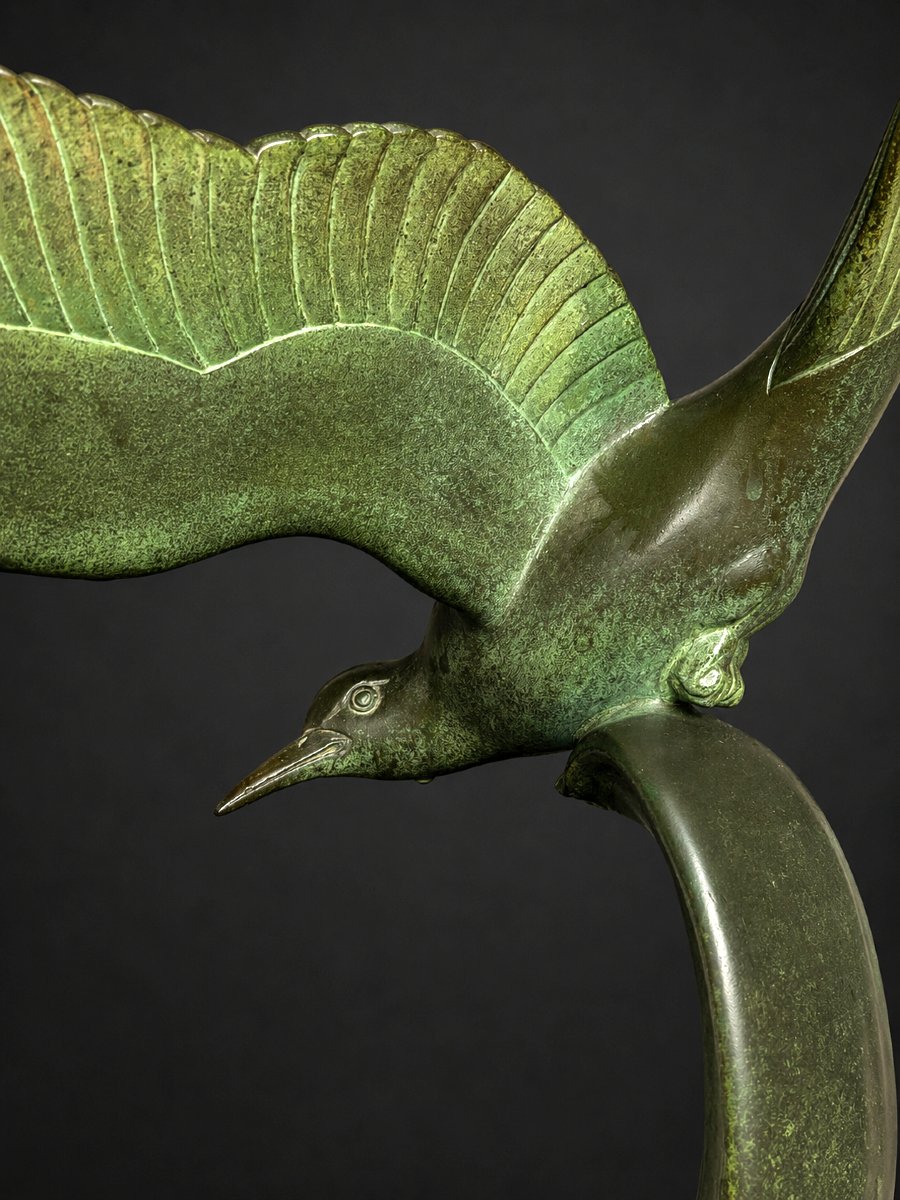 Bronze Animalier , Mouette Sur Vague , Signé Lucien Gibert , Art Deco , Patine Verte 1920-photo-3