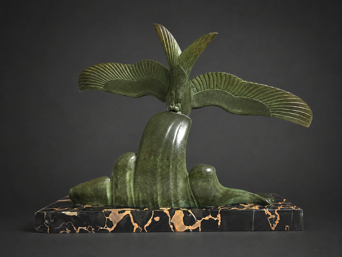 Bronze Animalier , Mouette Sur Vague , Signé Lucien Gibert , Art Deco , Patine Verte 1920-photo-2