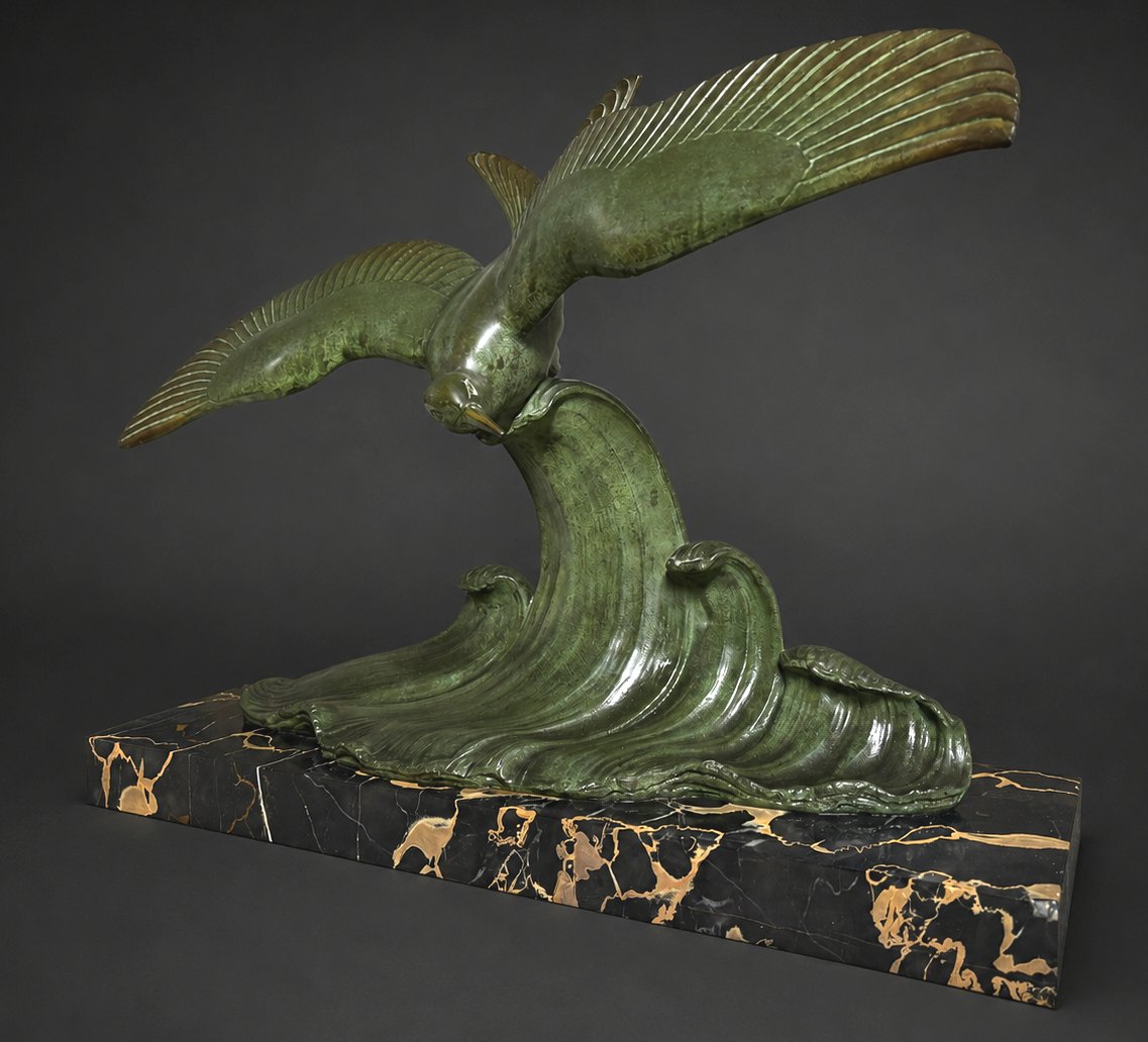 Bronze Animalier , Mouette Sur Vague , Signé Lucien Gibert , Art Deco , Patine Verte 1920-photo-3