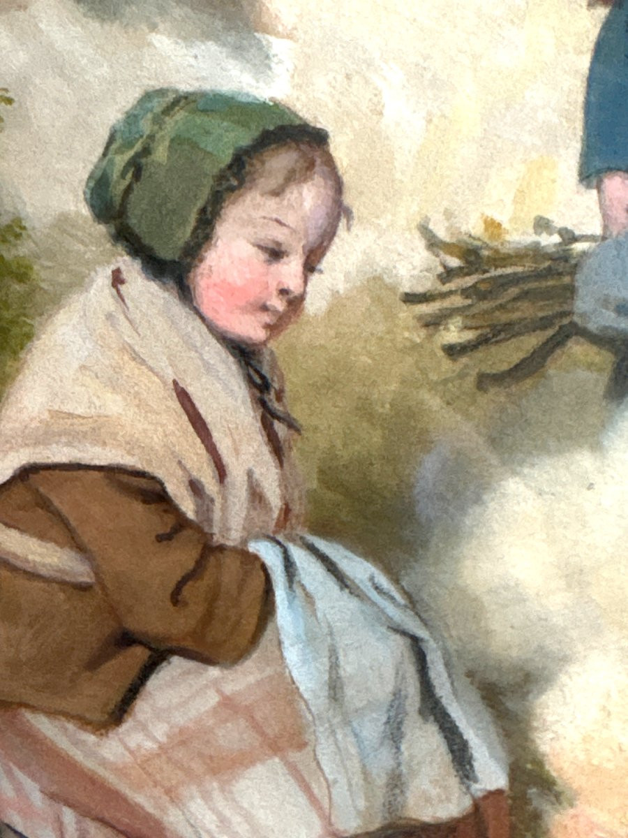 Aquarelle Scene De Genre XIXe , Trois Enfants , Napoléon III , Louis Lassalle , 1876 , Peinture-photo-1