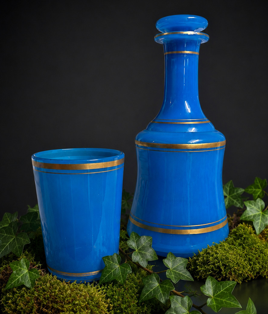 Carafe En Opaline Bleue , Gobelet , Service de Nuit , Gobelet / Verre , Louis Philippe XIXe