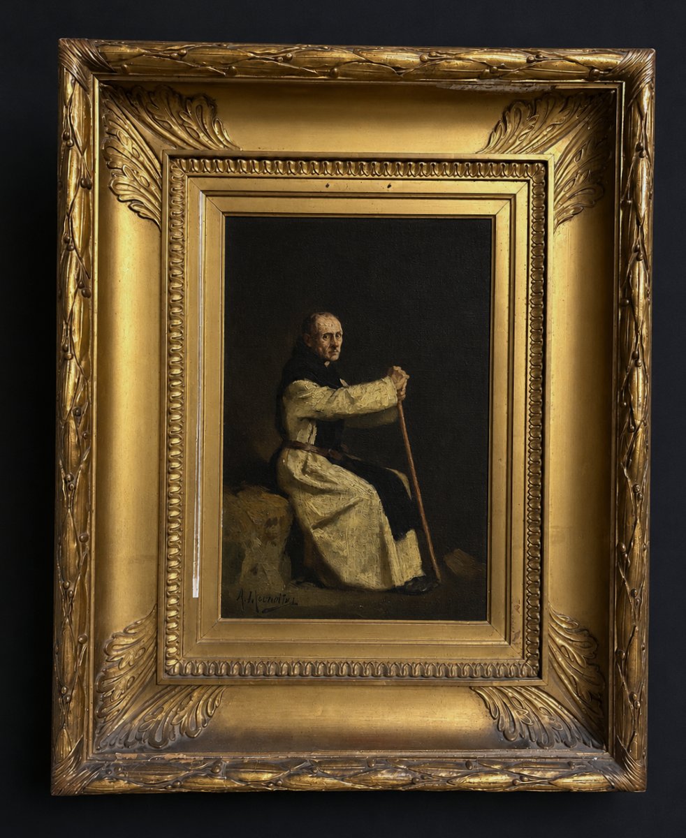 Oil On Canvas Signed Alphonse Frédéric Muraton (1824-1911) Cistercian Monk In Meditation XIX-photo-2