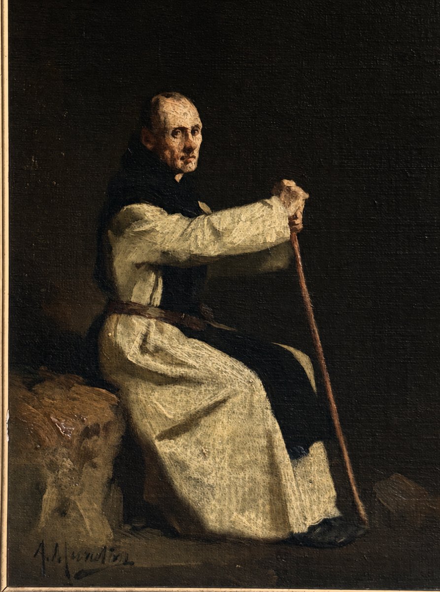 Oil On Canvas Signed Alphonse Frédéric Muraton (1824-1911) Cistercian Monk In Meditation XIX-photo-4