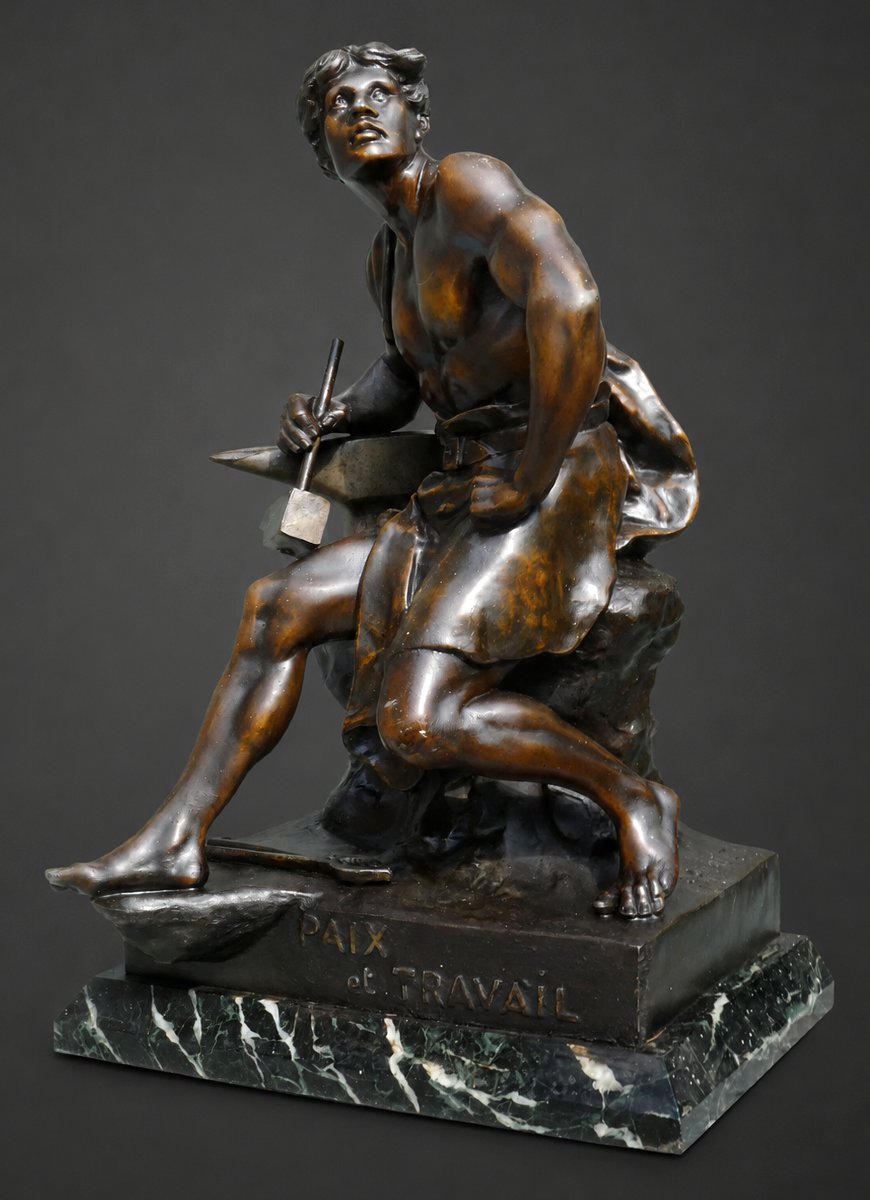 Emile Louis Picault , Sculpture Allégorique , Homme Torse Nu , Patine Bronze , Paix & Travail-photo-3