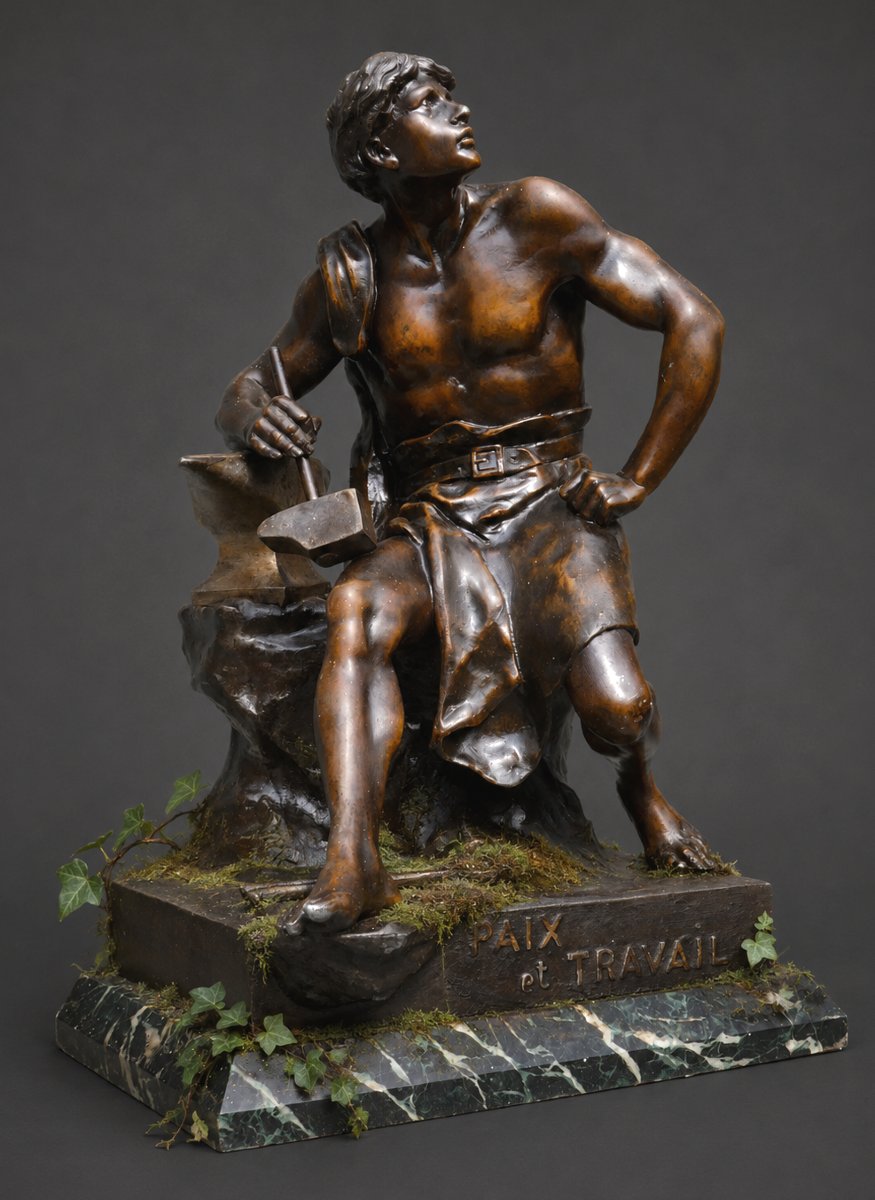 Emile Louis Picault , Sculpture Allégorique , Homme Torse Nu , Patine Bronze , Paix & Travail-photo-1